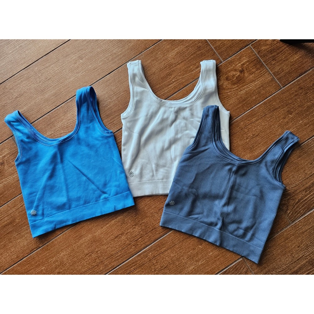 Athleta Aurora Seamless Crop Ribbed Tank Tops Blue Grey White Lot of 3 - Picture 3 of 5